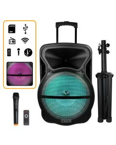 Trexonic Combination 15 Inch Bluetooth Portable Speaker and Tripod Stand with Reactive Lights, FM Radio, USB/TF Inputs, Rechargeable Battery  &amp; Voice Broadcast